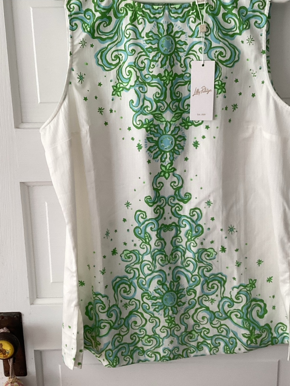 Lilly Pulitzer White Tank with Green & Aqua Scroll Medallion Print